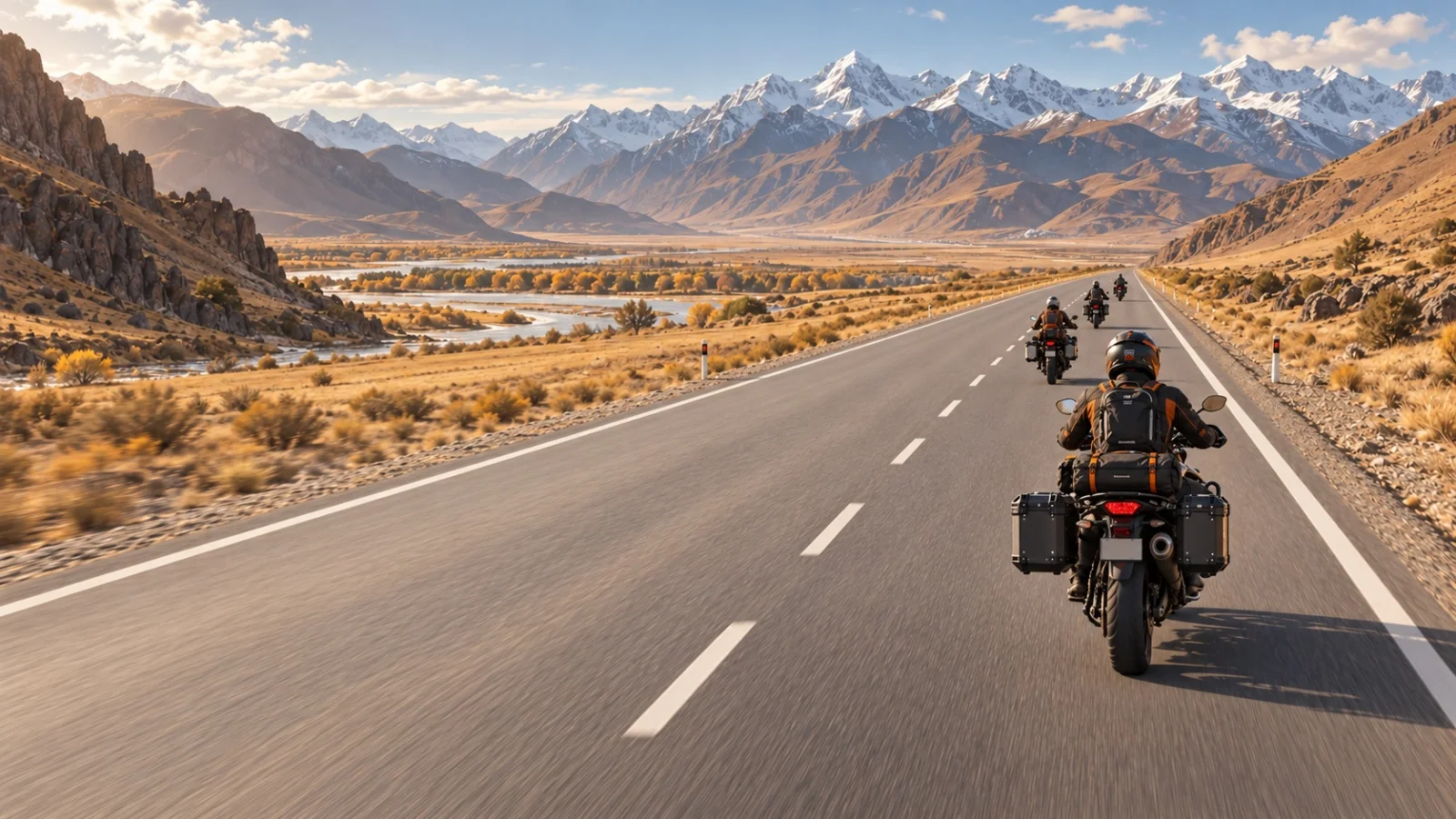 Illustration of motorcyclists in protective gear riding with gaps along a mountain road in Central Asia