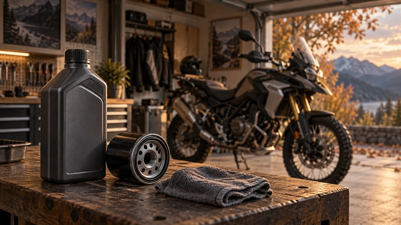 Illustration of a sealed engine oil bottle and new filter on a workbench beside a motorcycle