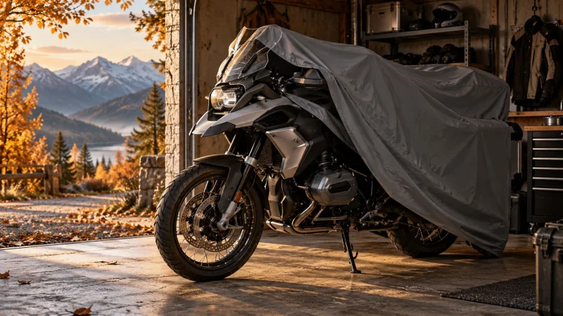Illustration of a clean motorcycle under a partly folded cover in a dry autumn garage
