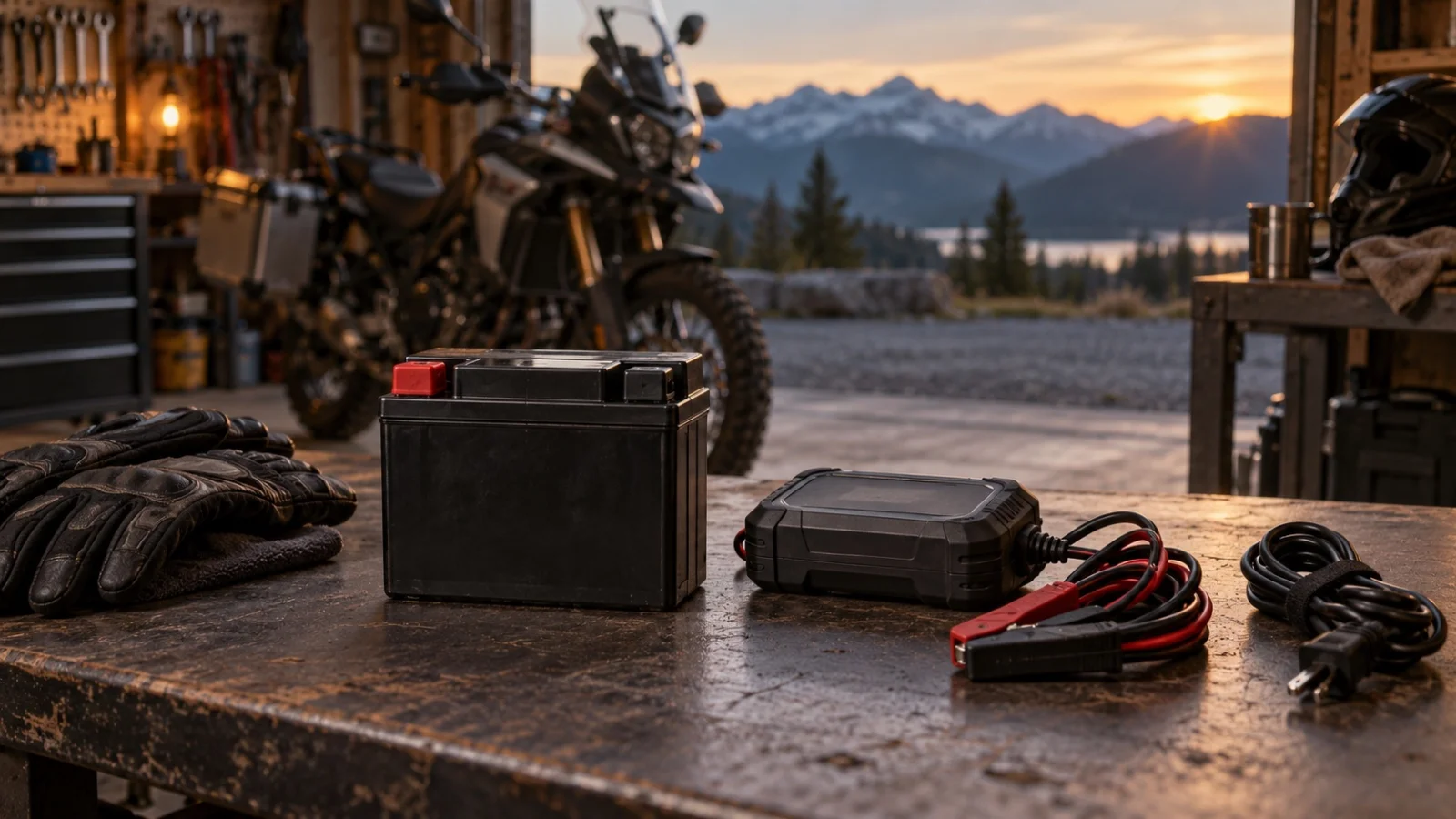 Illustration of a motorcycle battery with protected terminals and an unplugged charger on a workbench