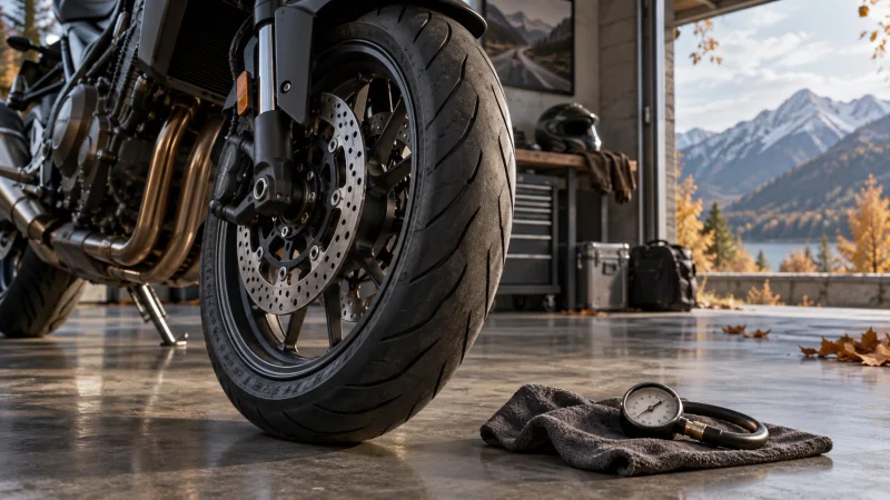 Illustration of a parked motorcycle front wheel and a pressure gauge on the garage floor