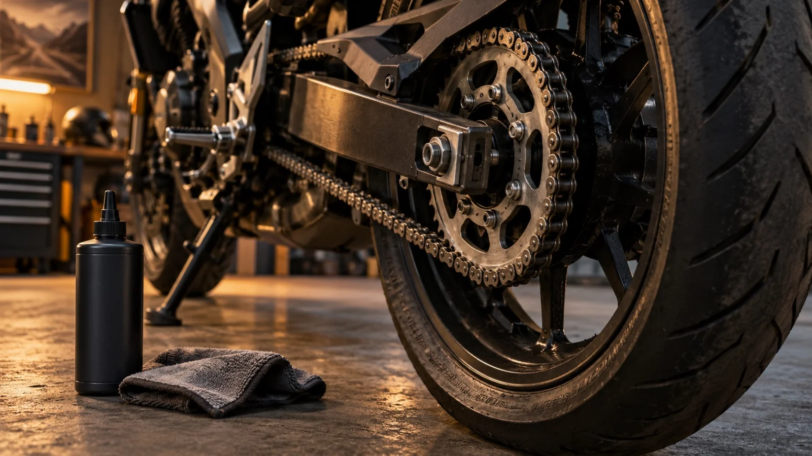 Illustration of a stationary motorcycle drive chain, a closed lubricant bottle and a cloth
