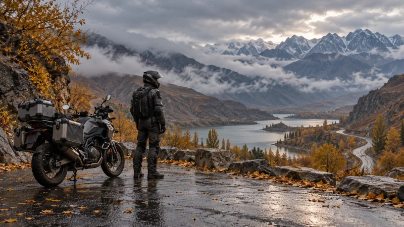 Illustration of a fully equipped rider beside a parked bike at a safe pull-off near a wet mountain road