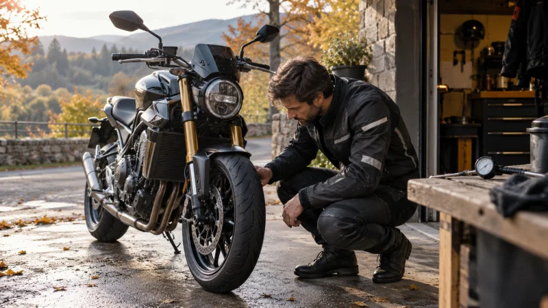 Illustration: a rider checking a motorcycle front wheel outside a garage