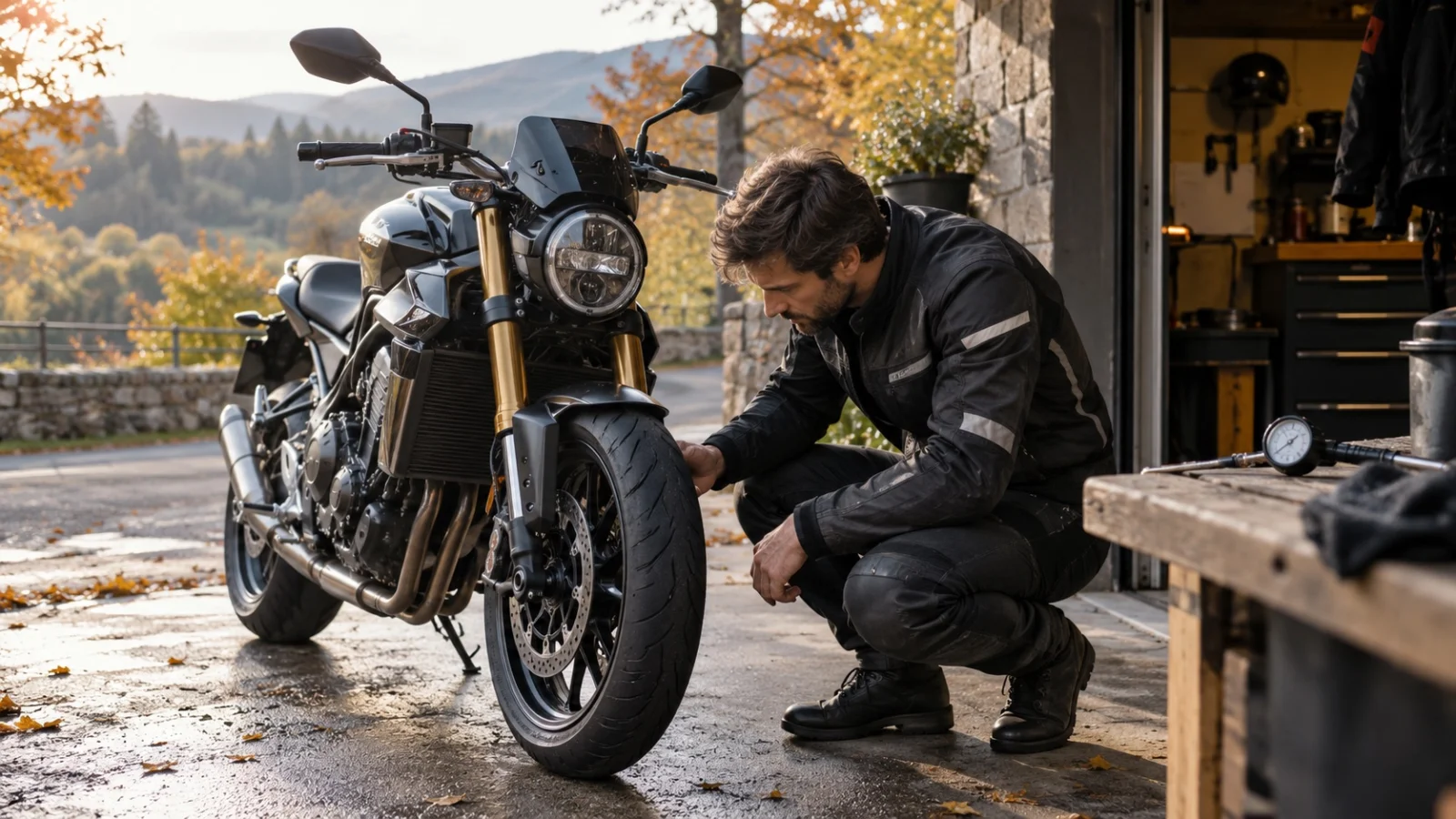 Illustration: a rider checking a motorcycle front wheel outside a garage