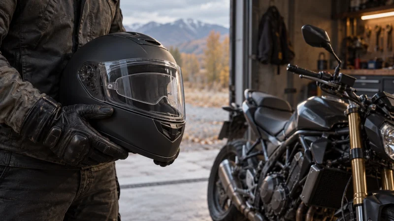 Illustration: rider holding a helmet with a clear visor outside a garage
