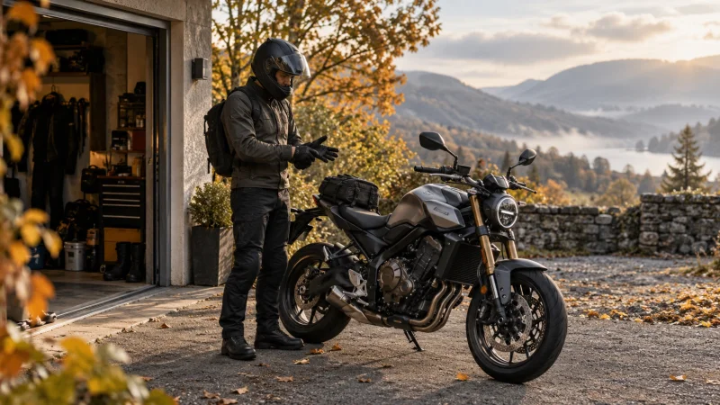 A rider preparing to leave beside a motorcycle parked outdoors