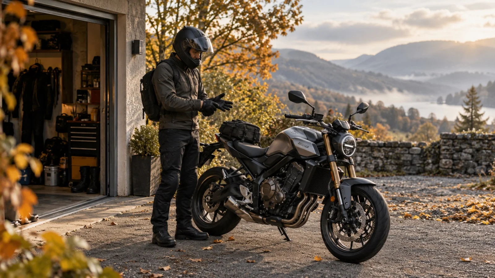A rider preparing to leave beside a motorcycle parked outdoors