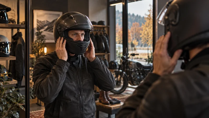 Illustration: adult rider trying on a motorcycle helmet at a shop mirror