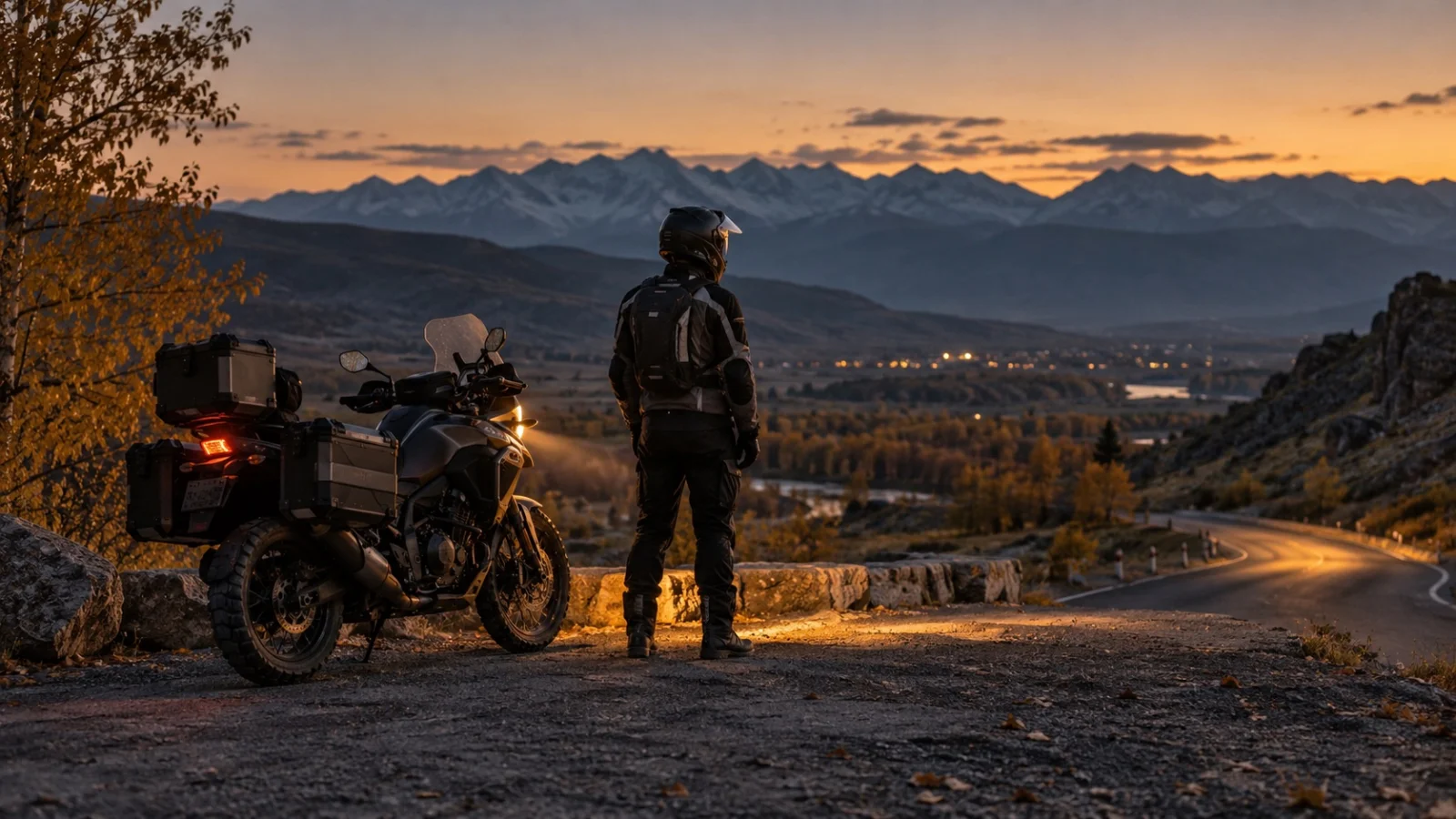Illustration: a rider in protective gear beside a parked motorcycle with its headlight on in the evening