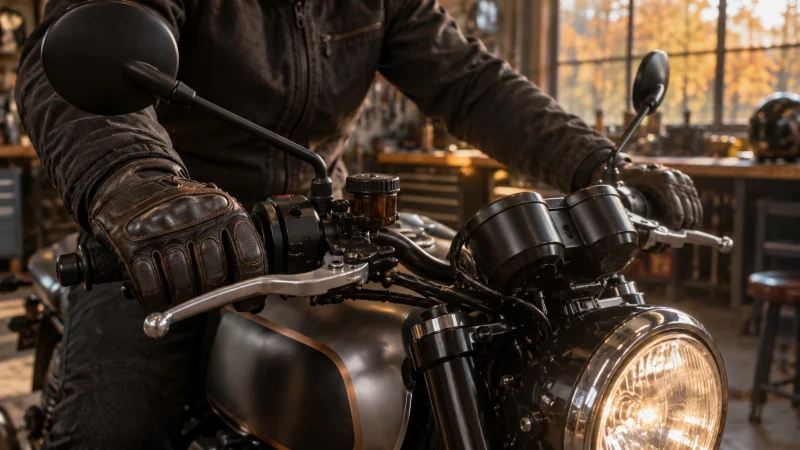Illustration: gloved hands on the grips of a parked motorcycle