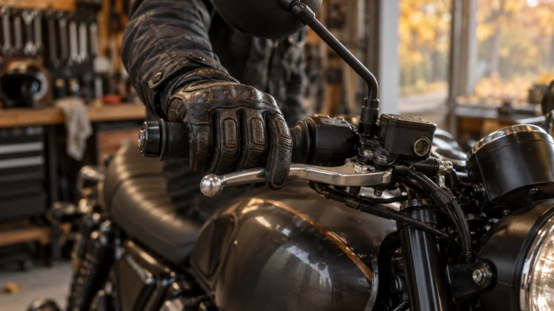 Illustration: a gloved hand on the left grip beside the clutch lever