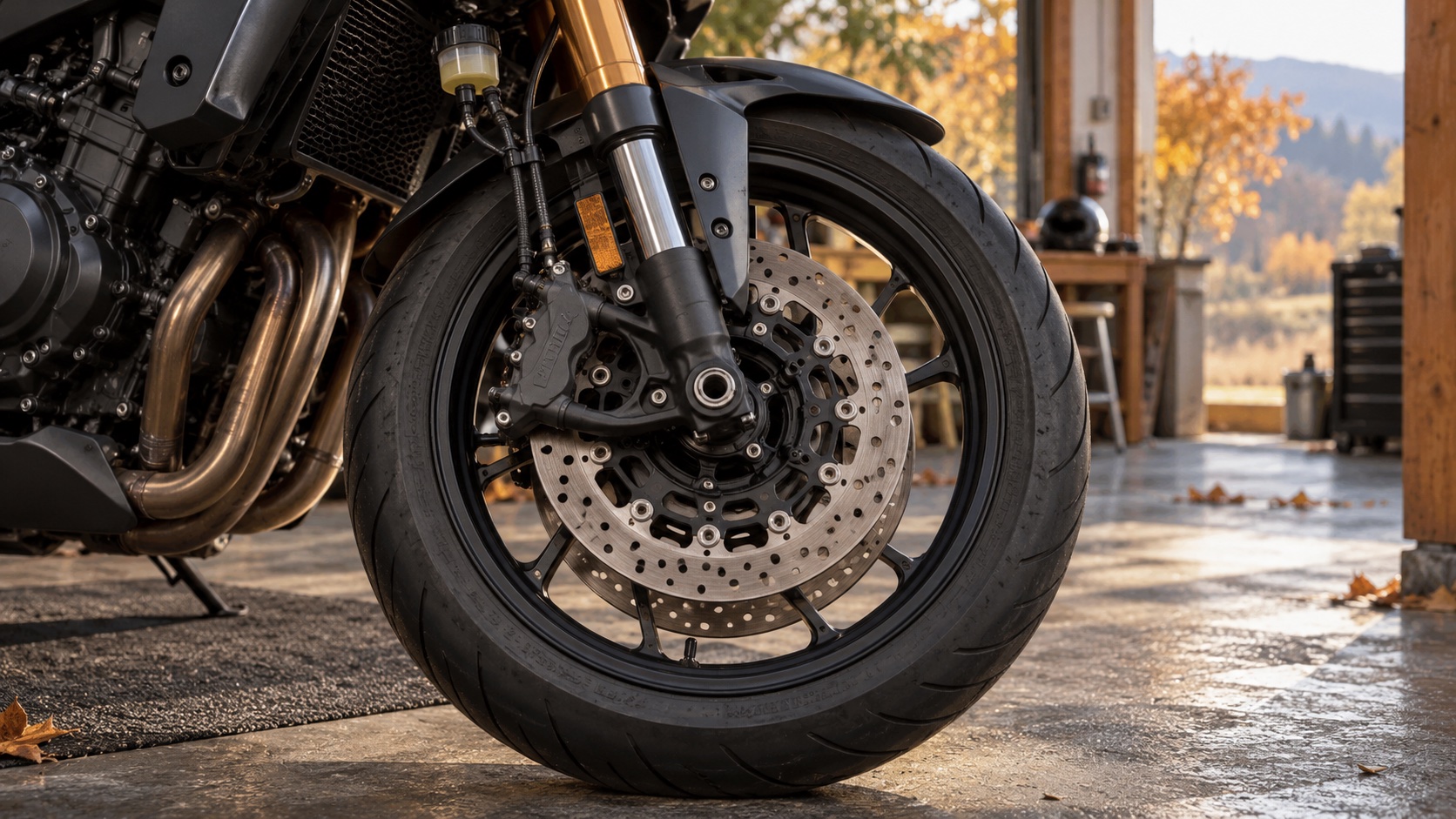 Illustration: motorcycle front wheel with brake disc and caliper