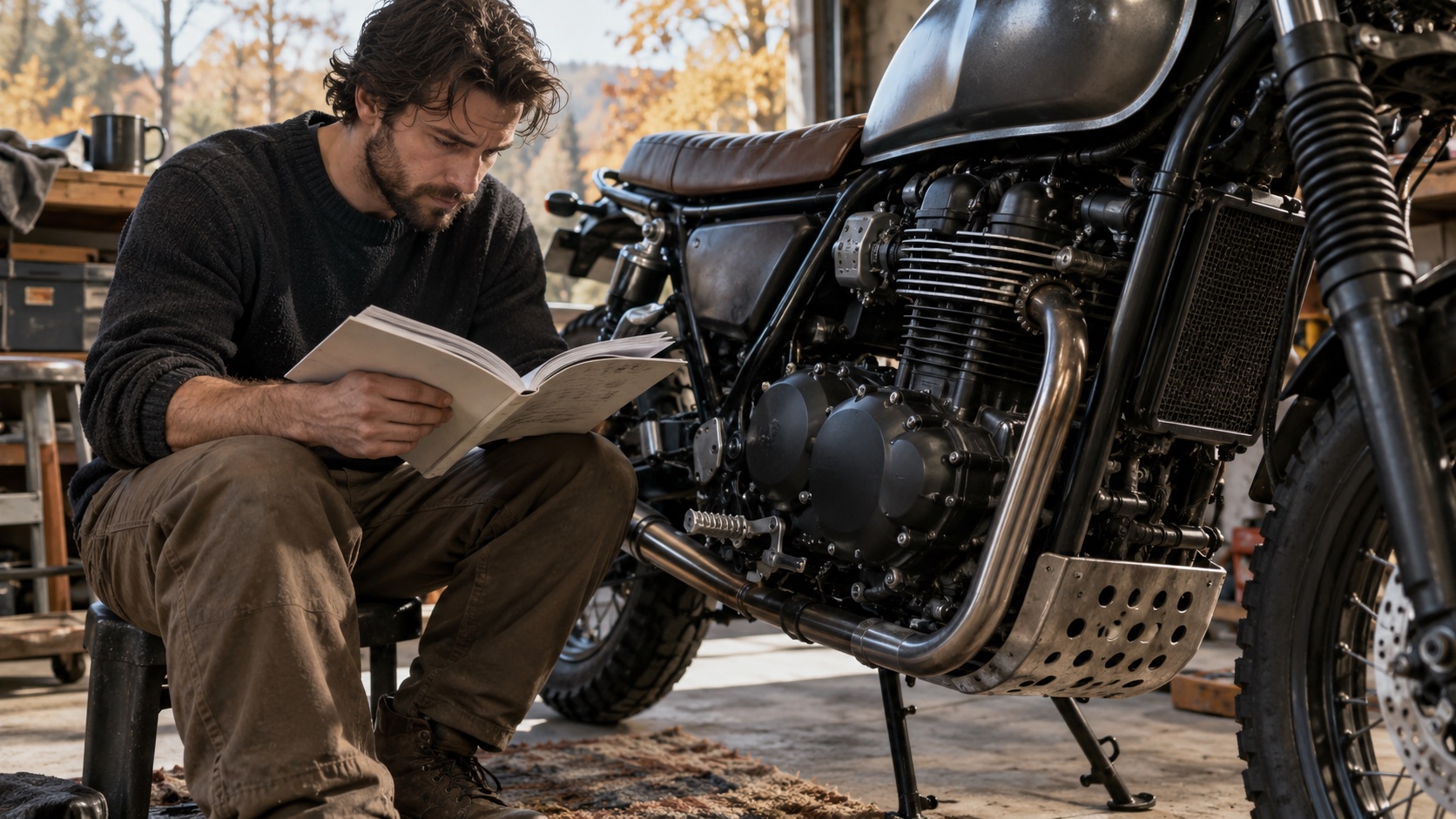 Illustration: a rider reading a manual beside a stationary motorcycle engine
